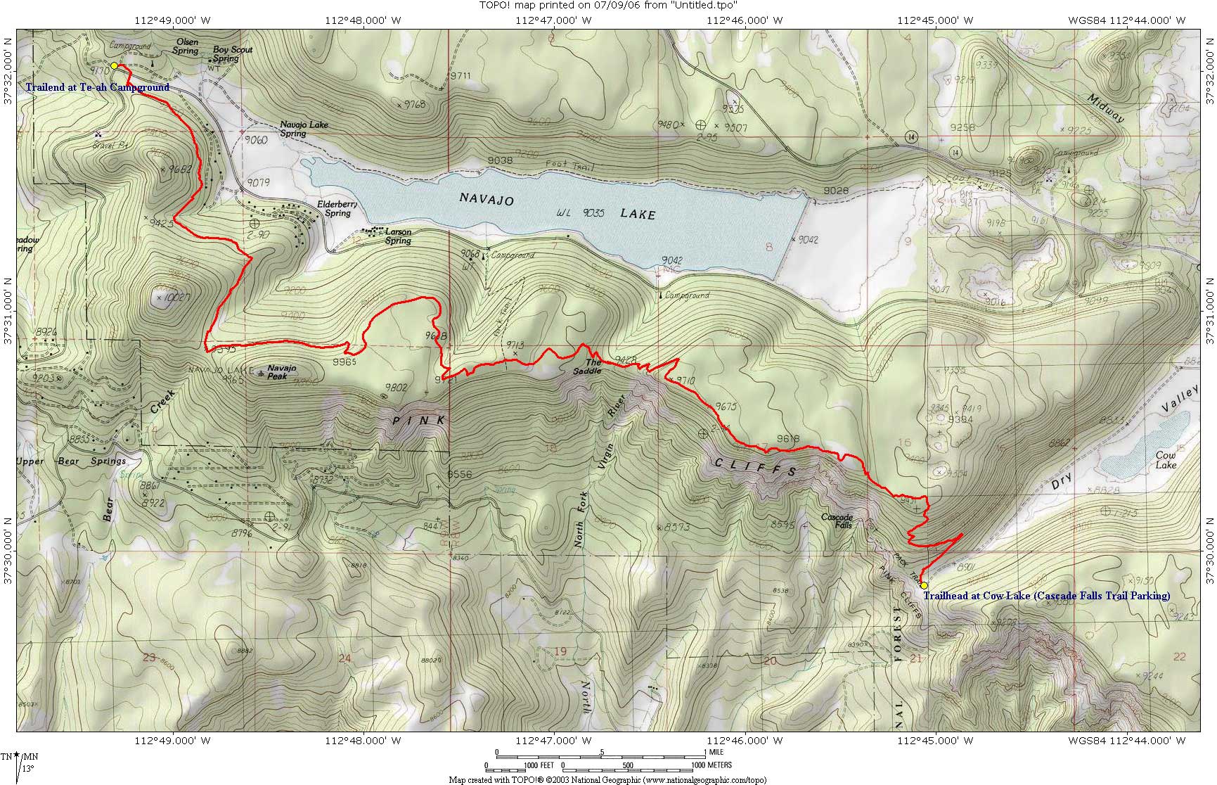 Topo Map Virgin River Rim Trail: Cascade Falls Trailhead to Te-ah Trialhead